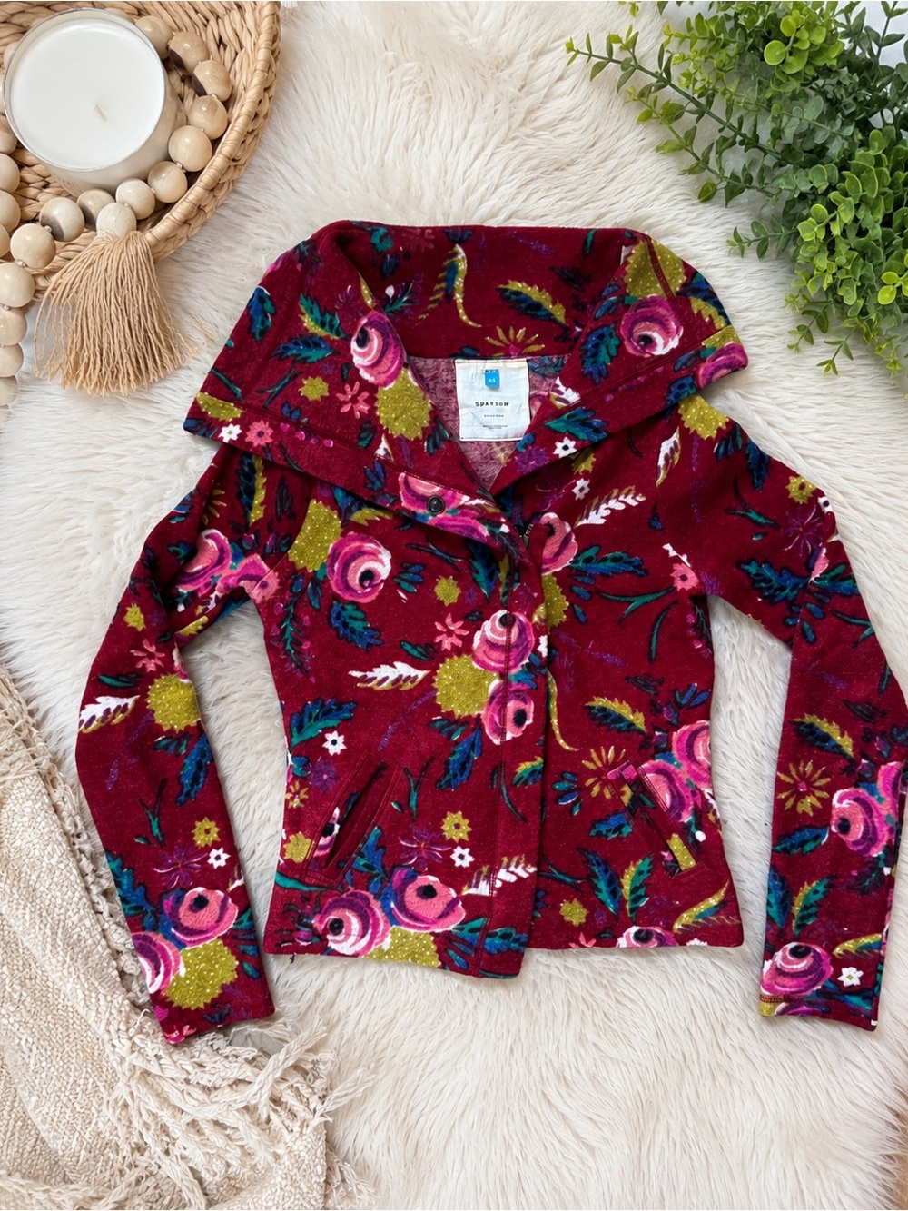Sparrow 100% Merino Wool Floral Zip Jacket XS Burgundy Boho Cozy Sweater